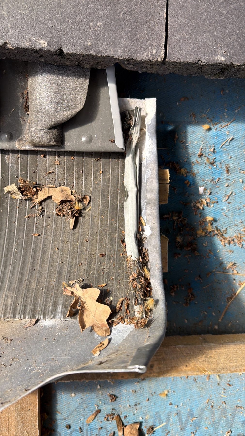 Gutter and membrane defect exposed